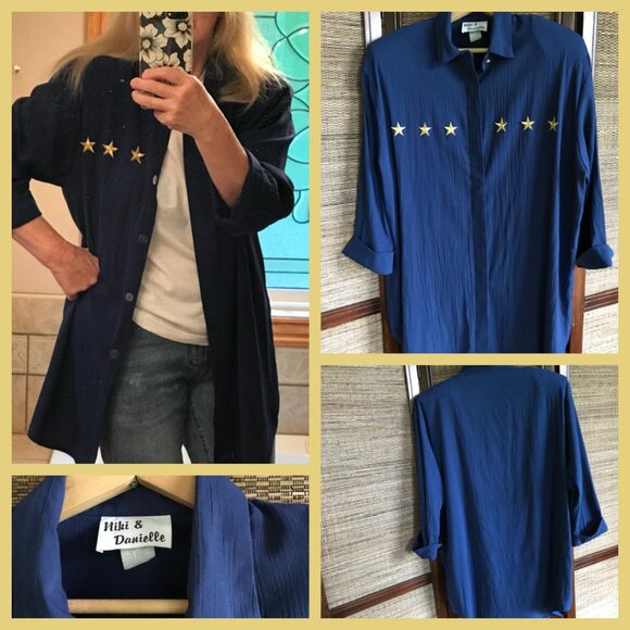 Niki & Danielle 70s Oversized Tunic: Navy Blouse, Appliqued Gold Stars, Size 12 - Picture 9 of 9